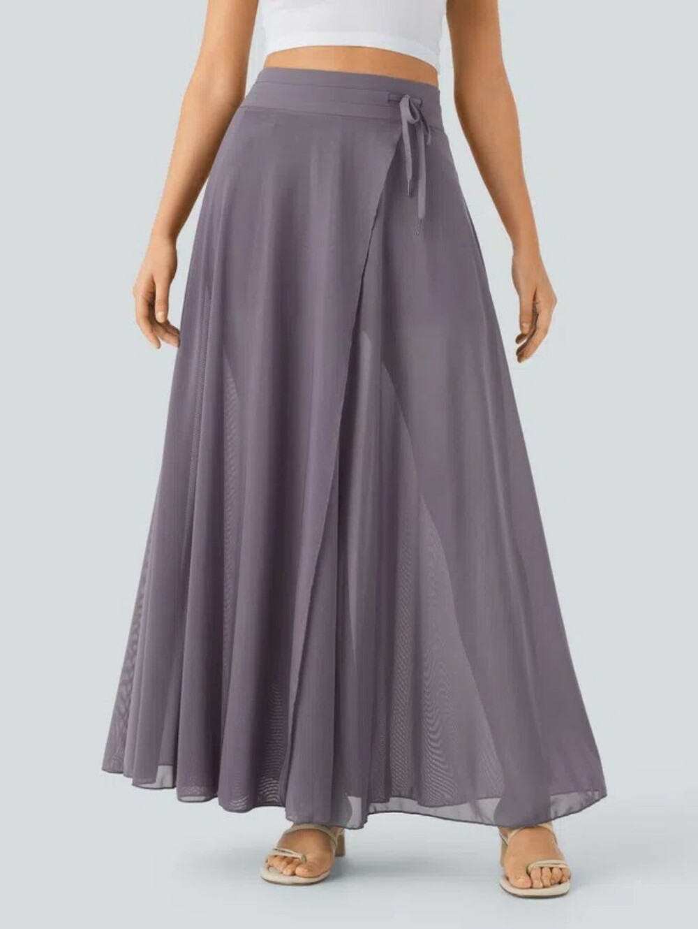 HALARA Drawstring High Waisted Contrast Mesh 2-in-1 Flowy Maxi Flare Skirt Sz M
